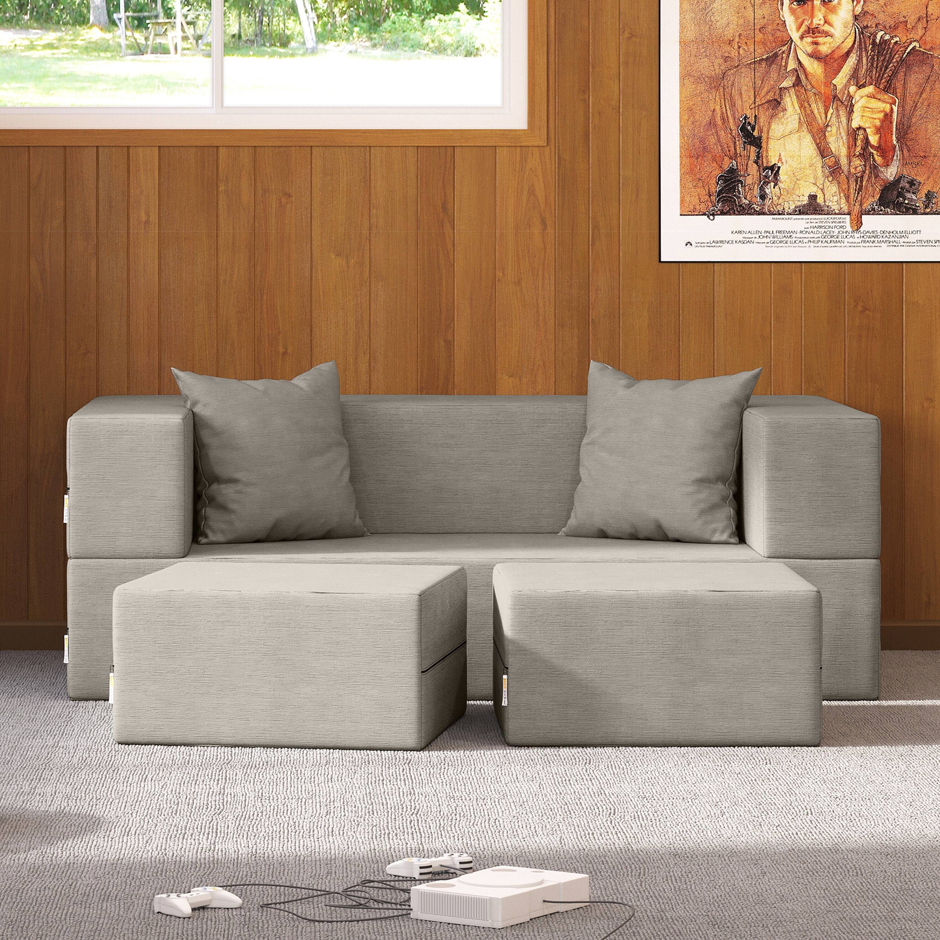Back. Jaxx - Jaxx Zipline Convertible Sleeper Loveseat & Ottomans, Textured Microvelvet - Dove Grey - Pewter.