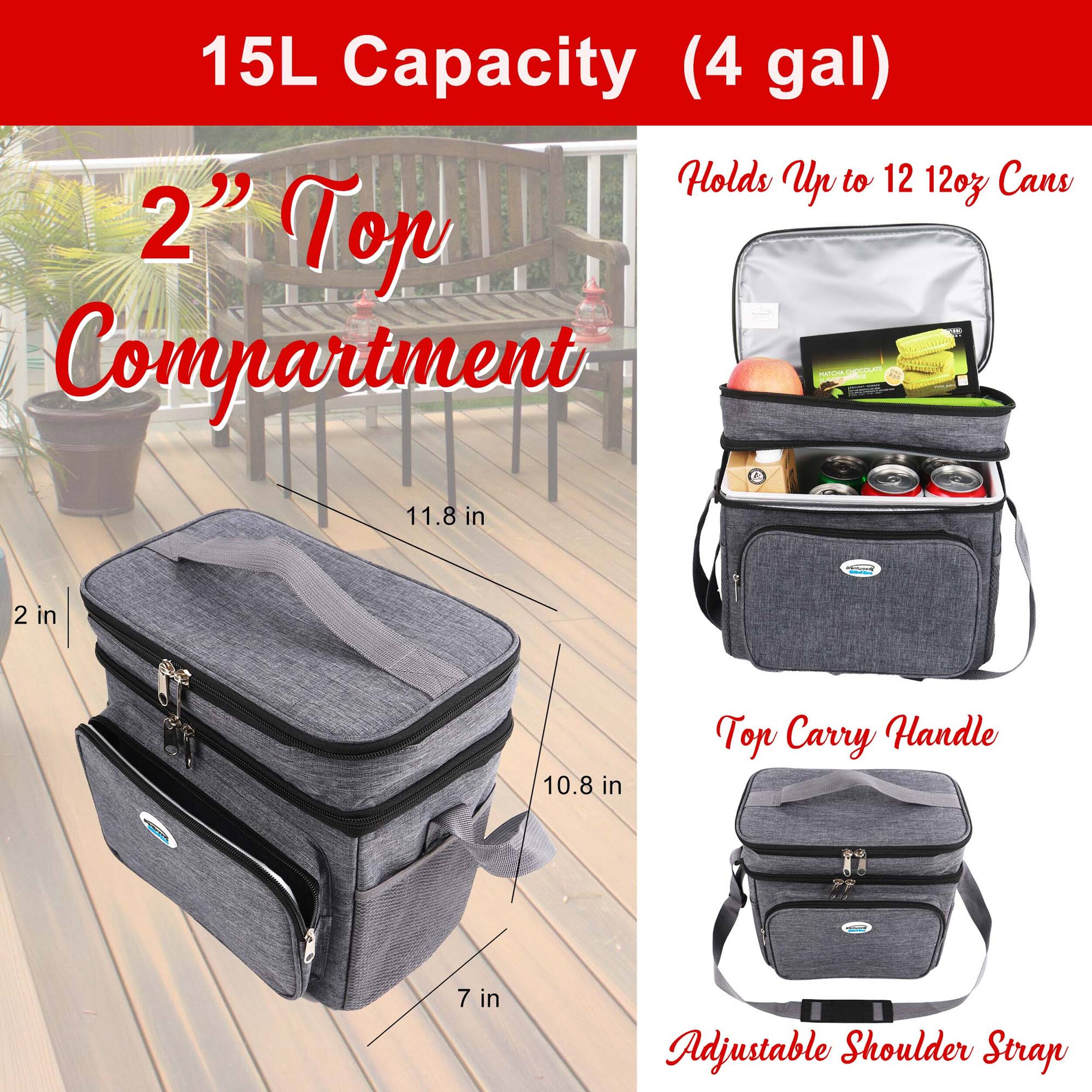 15L Capacity (4 gal)  
Holds Up to 12 12oz Cans  
2" Top Compartment  
11.8 in x 2 in x 10.8 in  
Top Carry Handle  
7 in Adjustable Shoulder Strap