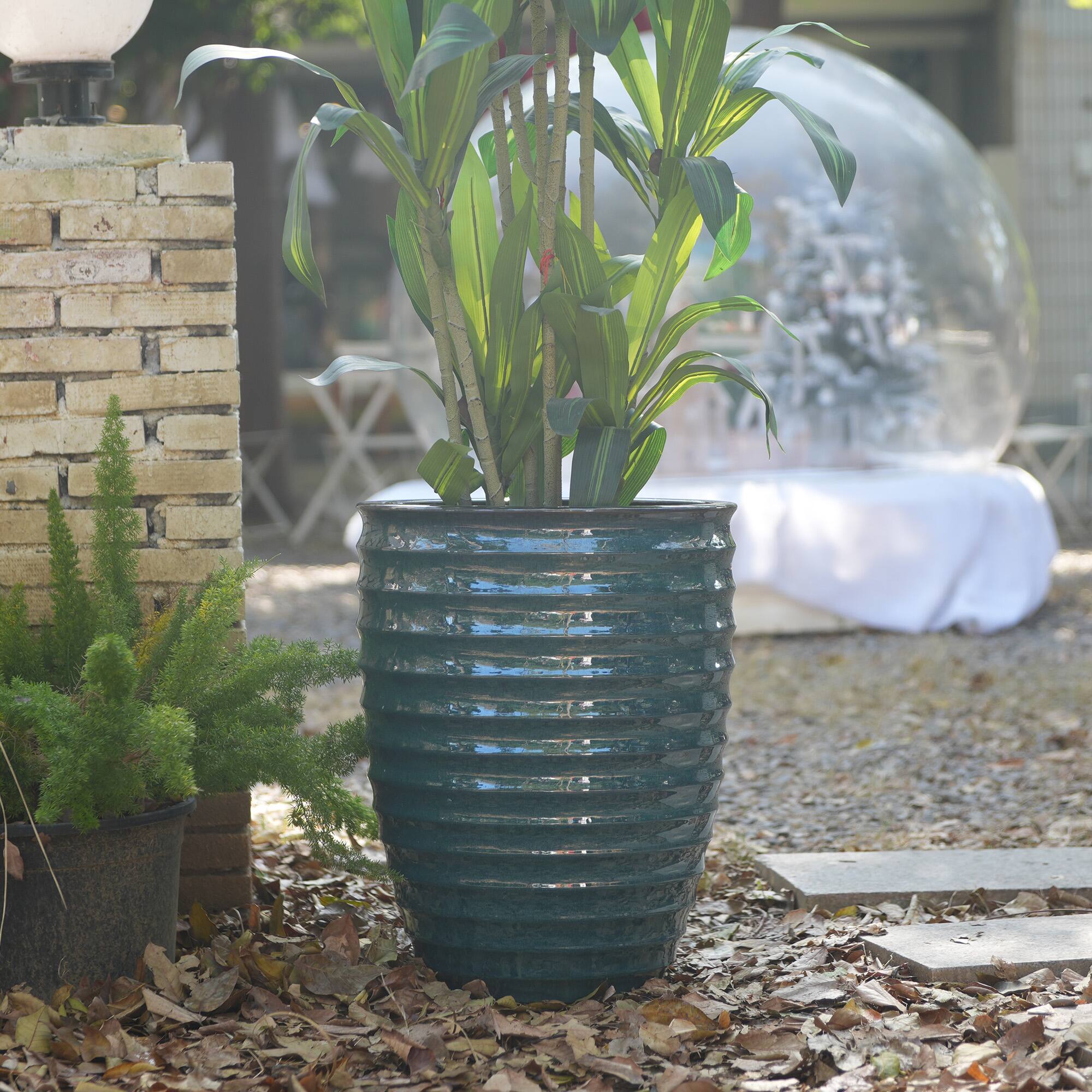 Left. Loheer - Ceramic Planter by Loheer, 17 Inch Handmade Deep Green Planter for Indoor Outdoor Doorway Monstera.