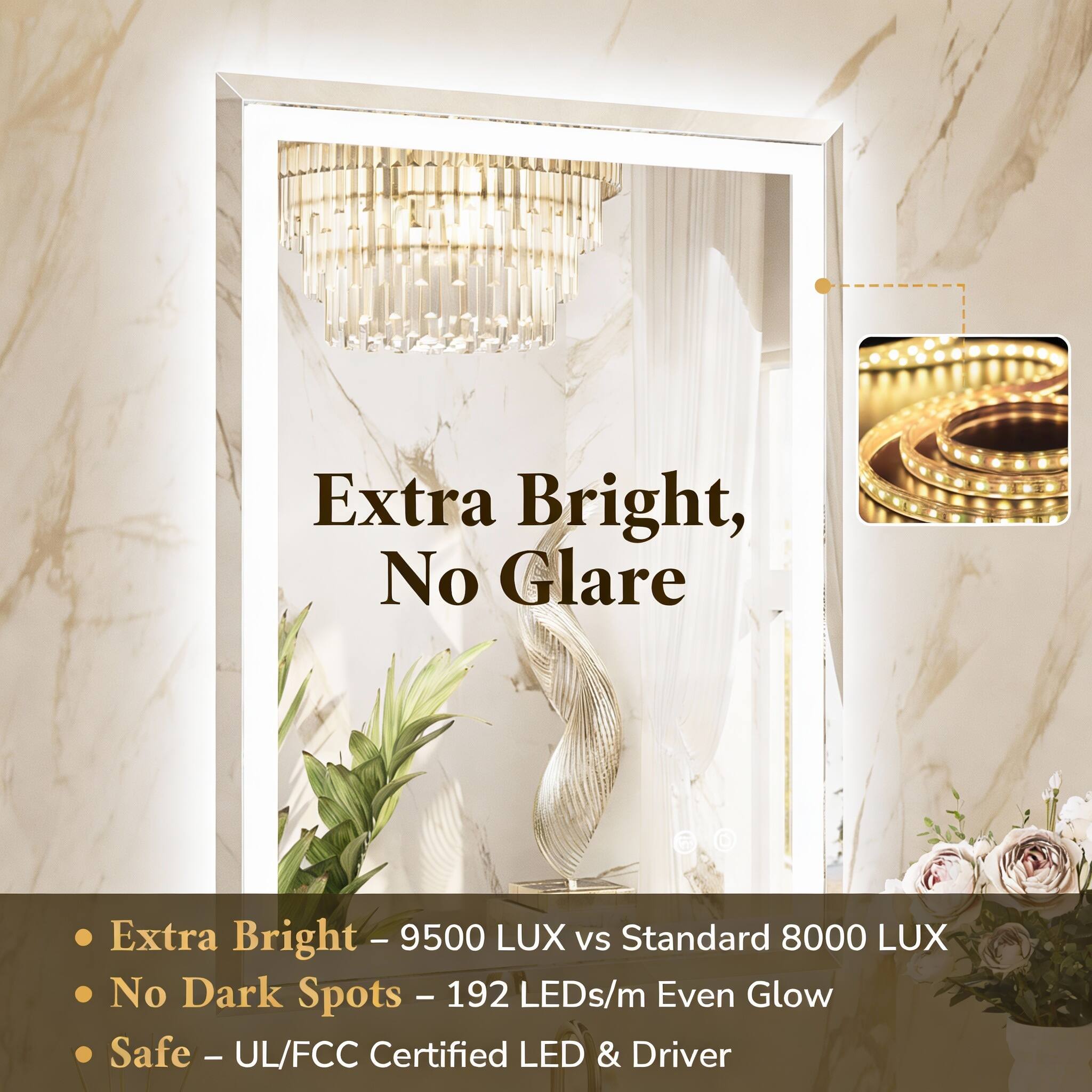 Extra Bright, No Glare  
- Extra Bright - 9500 LUX vs Standard 8000 LUX  
- No Dark Spots - 192 LEDs/m Even Glow  
- Safe - UL/FCC Certified LED & Driver