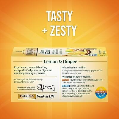 **TASTY + ZESTY**

**Lemon & Ginger**

Experience a warm & inviting escape that helps soothe digestion and invigorates your senses. A lively herbal tea made with spicy ginger and the tangy flavour of lemon.

**What does it taste like?**
A lively herbal tea made with spicy ginger and the tangy flavour of lemon.

**Want tips on how to make it?**
- **Hot Tea:** Pour boiling water over tea bag, steep for 3-4 minutes, remove & enjoy!
- **Iced Tea:** Fill half a pitcher with boiling water, steep tea bags for 3 minutes, remove, add 4 ice tea bags to desired strength, enjoy immediately!

**At Twinings*, We Believe in Living Well and Enjoying Life.**

*Stephen Beining Kalr Slay*

**TWININGS**
Drink in Life

*Our use 1 tea bag in a heat-resistant glass.*