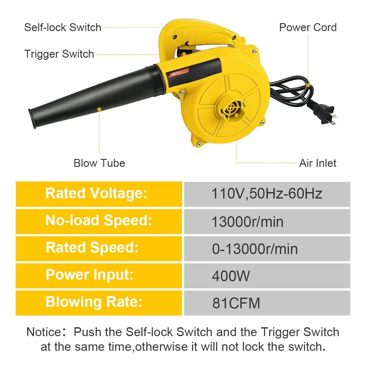 Sure, here is the corrected and grouped text from the image:

---

**Self-lock Switch**  
**Trigger Switch**  
**Power Cord**  
**Blow Tube**  
**Air Inlet**

---

**Rated Voltage:**  
110V, 50Hz-60Hz

**No-load Speed:**  
13000r/min

**Rated Speed:**  
0-13000r/min

**Power Input:**  
400W

**Blowing Rate:**  
81CFM

---

**Notice:**  
Push the Self-lock Switch and the Trigger Switch at the same time, otherwise it will not lock the switch.