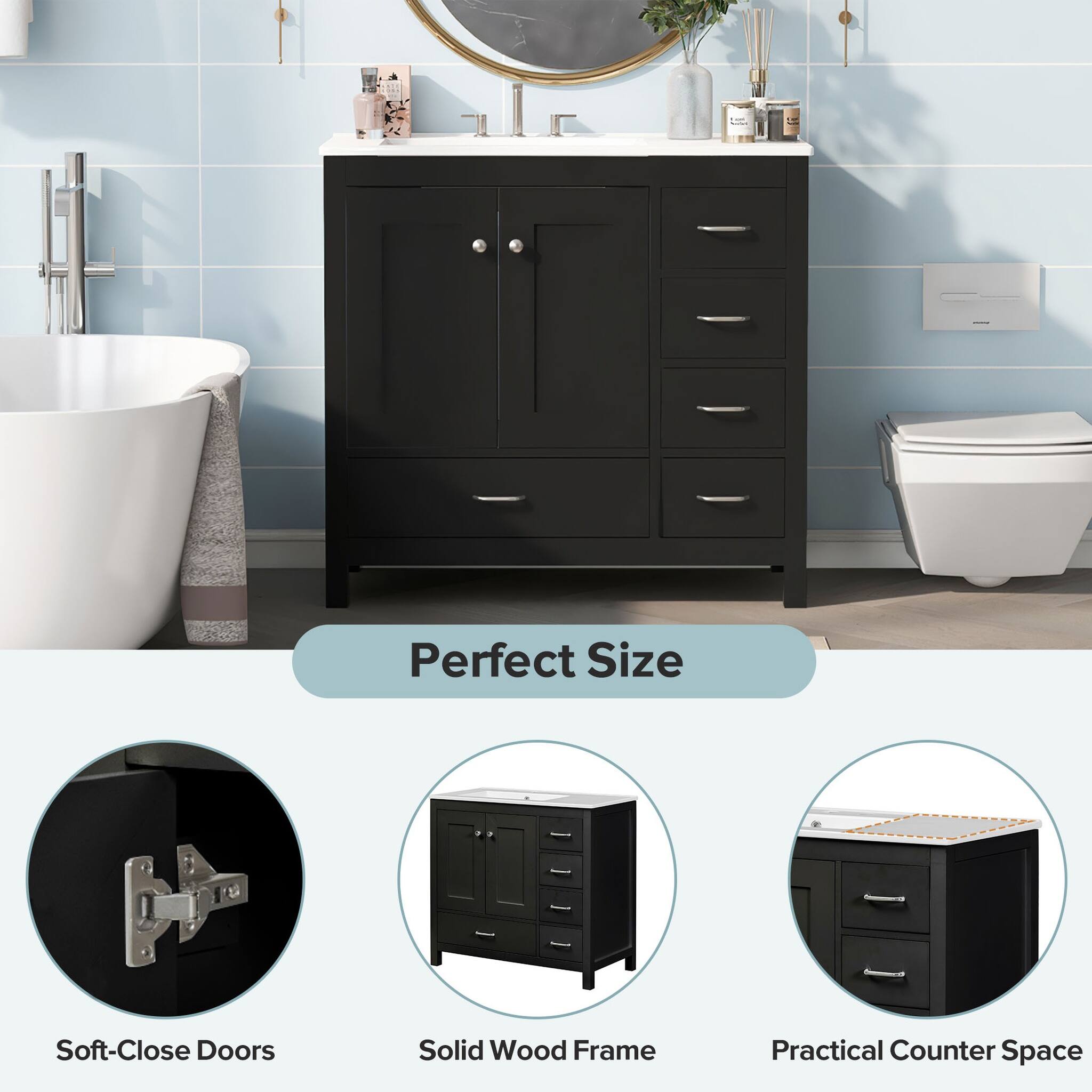 Perfect Size  
Soft-Close Doors  
Solid Wood Frame  
Practical Counter Space