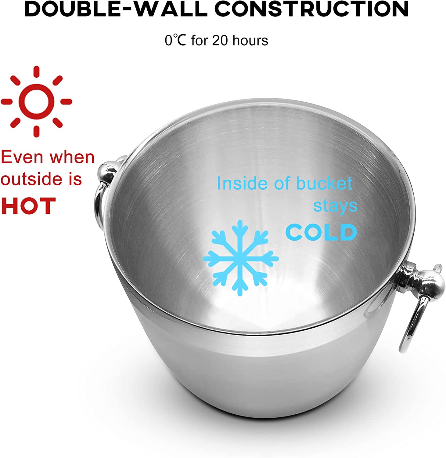 DOUBLE-WALL CONSTRUCTION  
0°C for 20 hours  

Even when outside is HOT  

Inside of bucket stays COLD