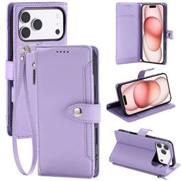 Dteck - Wallet Case for Apple iPhone 17 Pro Max Crossbody Premium Leather Kickstand Zipper Card Slot Cover With Strap+Lanyard - Purple