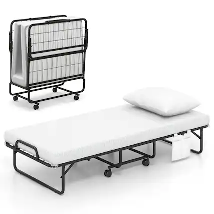 Front. Gymax - Gymax 75'' x 31'' Folding Bed w/ Memory Foam Mattress & Pillow Dust Cover Metal Frame - White, Black.