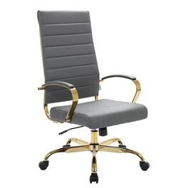 LeisureMod - Benmar High-Back Leather Office Chair with Gold Accents, Adjustable Height, Swivel and Tilt Conference Desk Chair - Gray