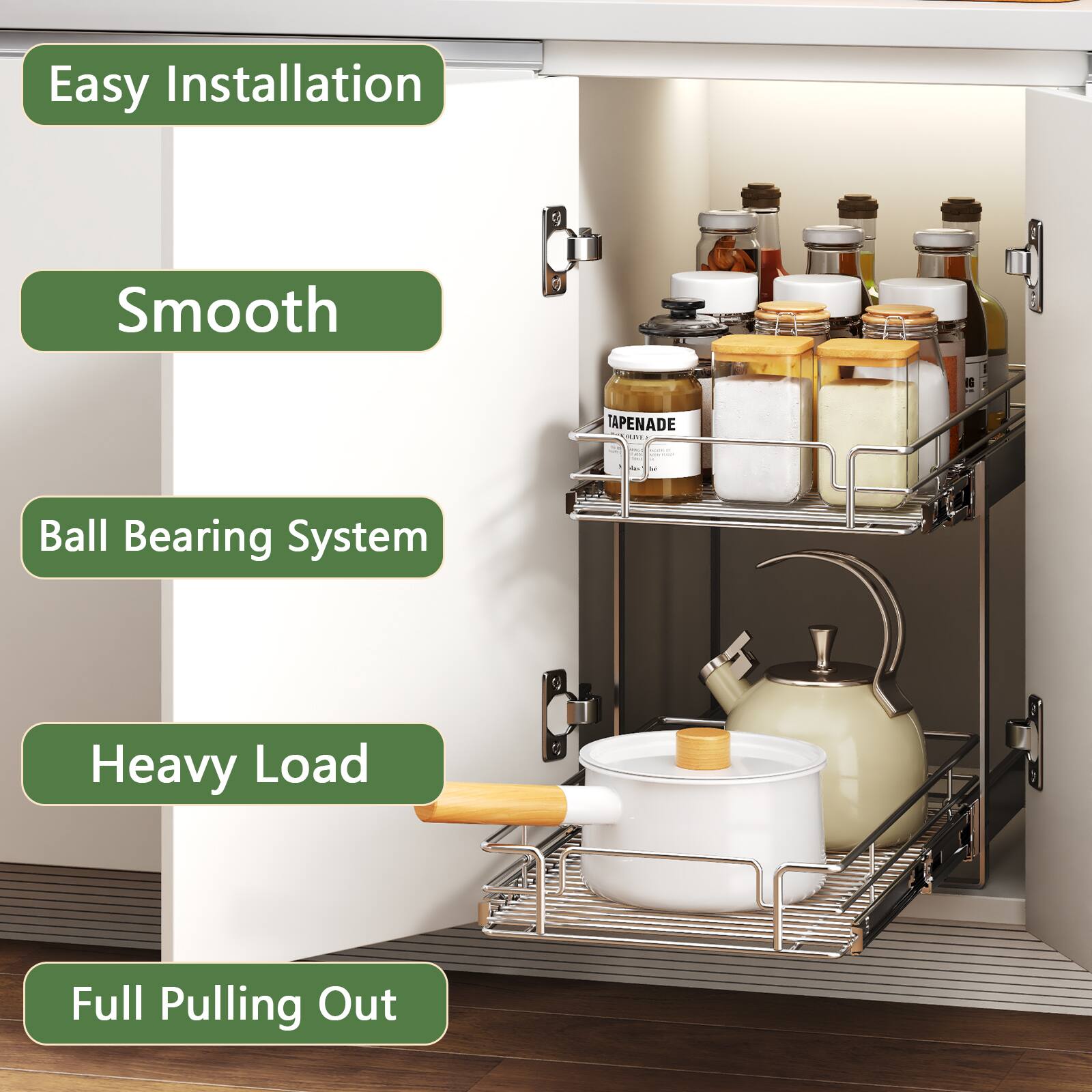 Easy Installation, Smooth, Ball Bearing System, Heavy Load, Full Pulling Out