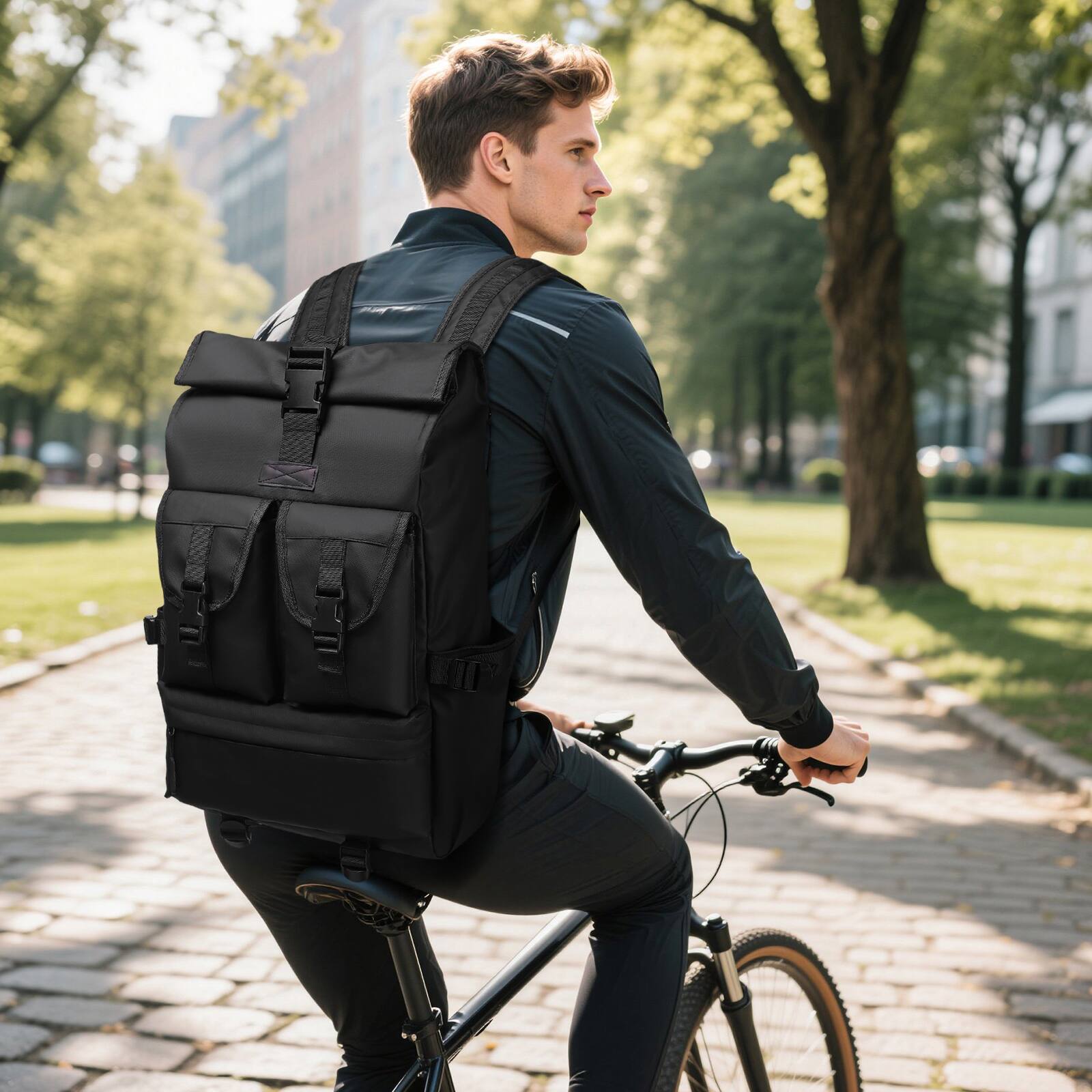 Alt View 5. Unique Bargains - Roll-top Backpack, Waterproof 15.6" Laptop, Quick Access Zipper, Expandable Roll Top, Travel Work College - Black.
