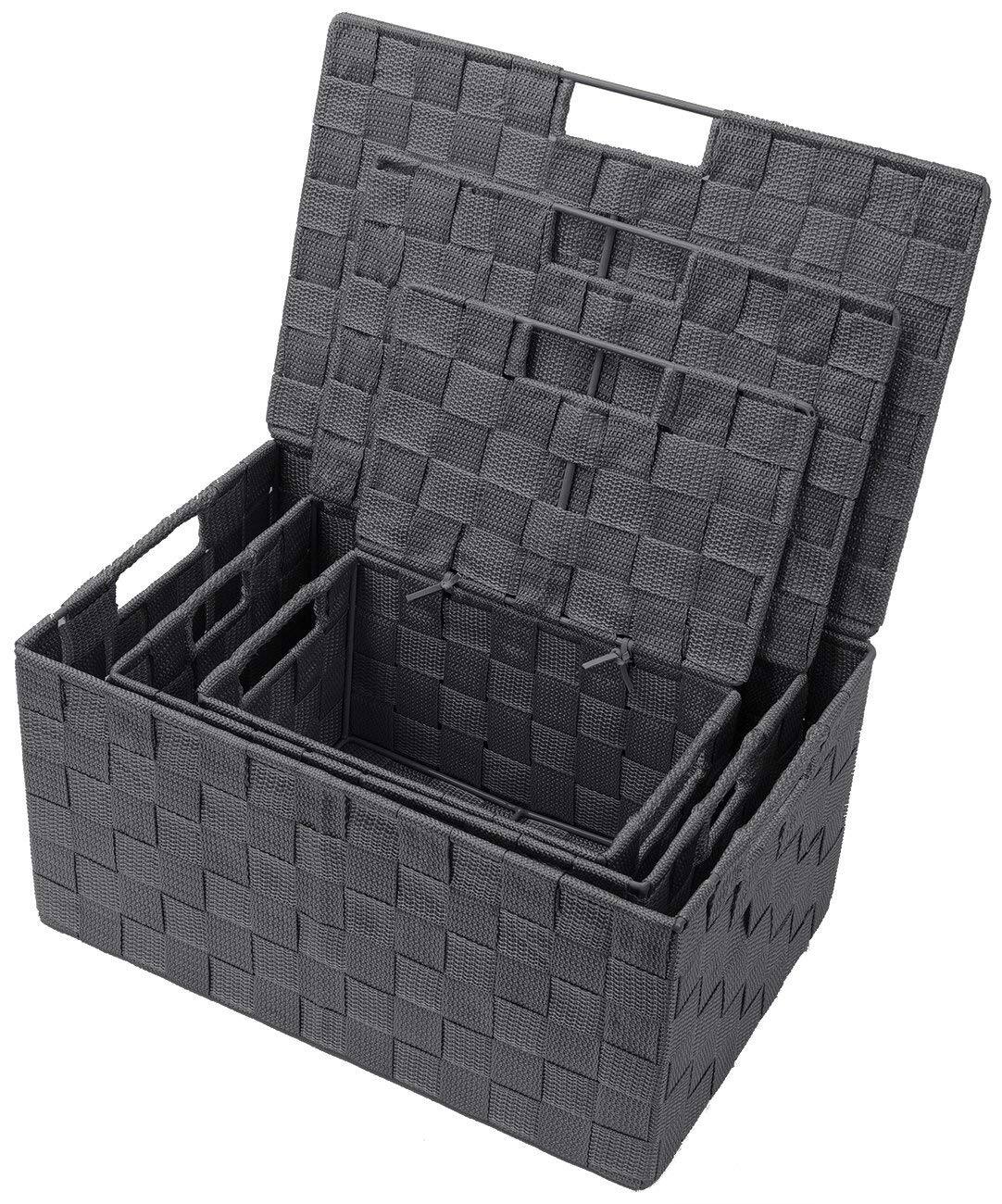 Angle. Sorbus - Sorbus Set of 3 Storage Baskets for Organizing with Lid, Mesh, Linen, Organizer Storage Baskets for Home or Office - Gray.