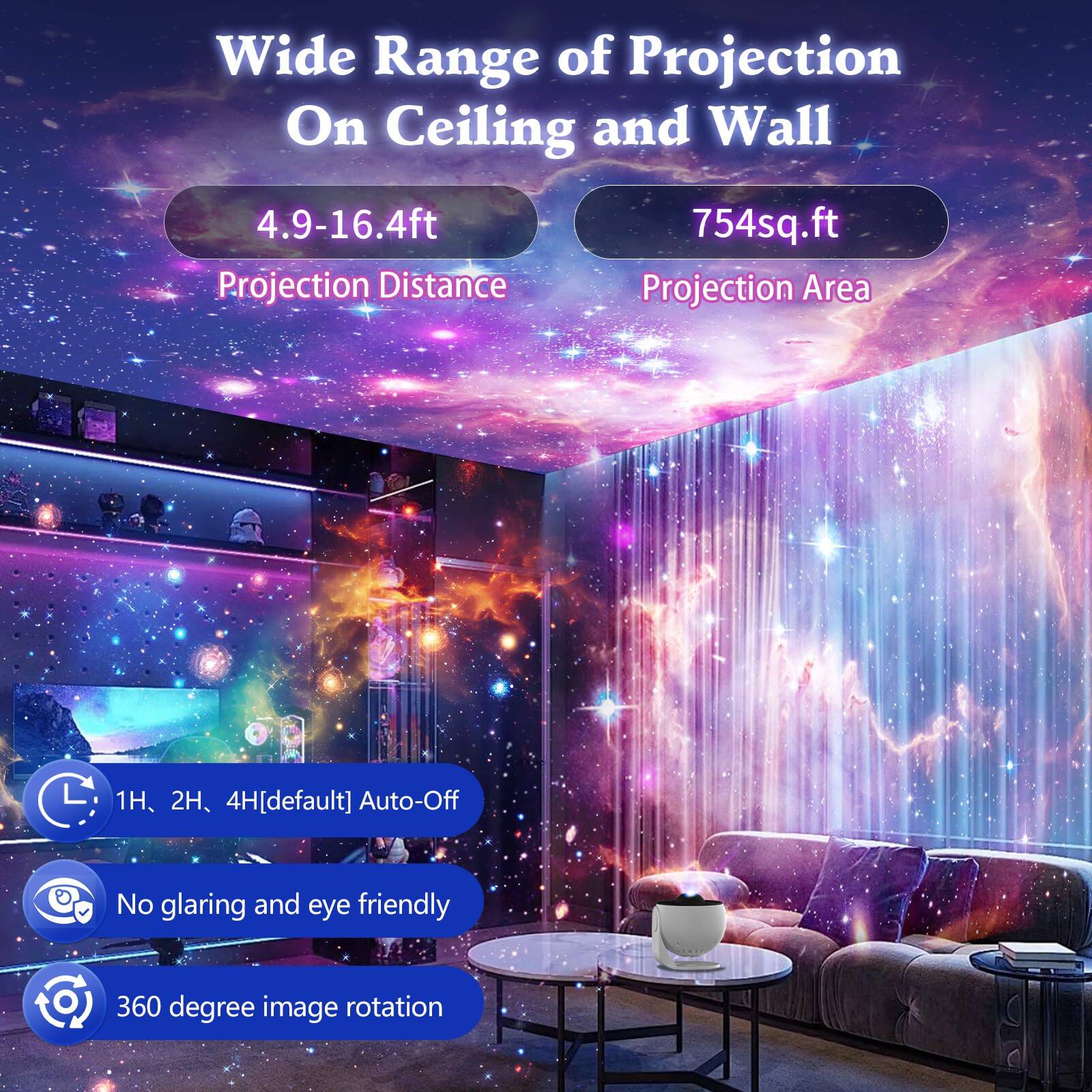Wide Range of Projection On Ceiling and Wall

- 4.9-16.4ft Projection Distance
- 754sq.ft Projection Area

- 1H, 2H, 4H [default] Auto-Off
- No glaring and eye friendly
- 360 degree image rotation