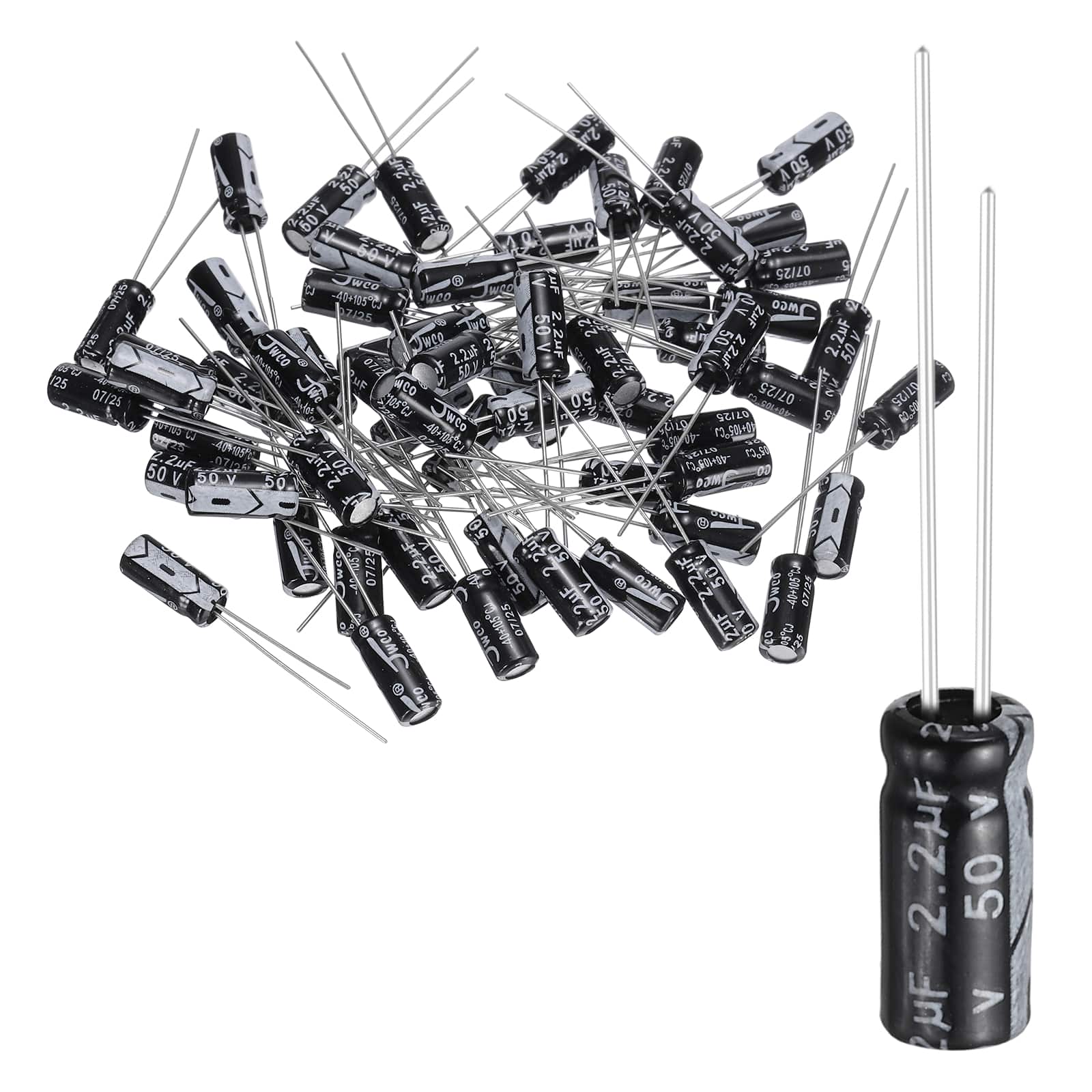 Unique Bargains - 2.2uF 50V 5x11mm Electrolytic Capacitor, 105C High Temp Radial Leads, for TVs/LCDs/VCD, 60pcs - Black price history on PriceWatchPro