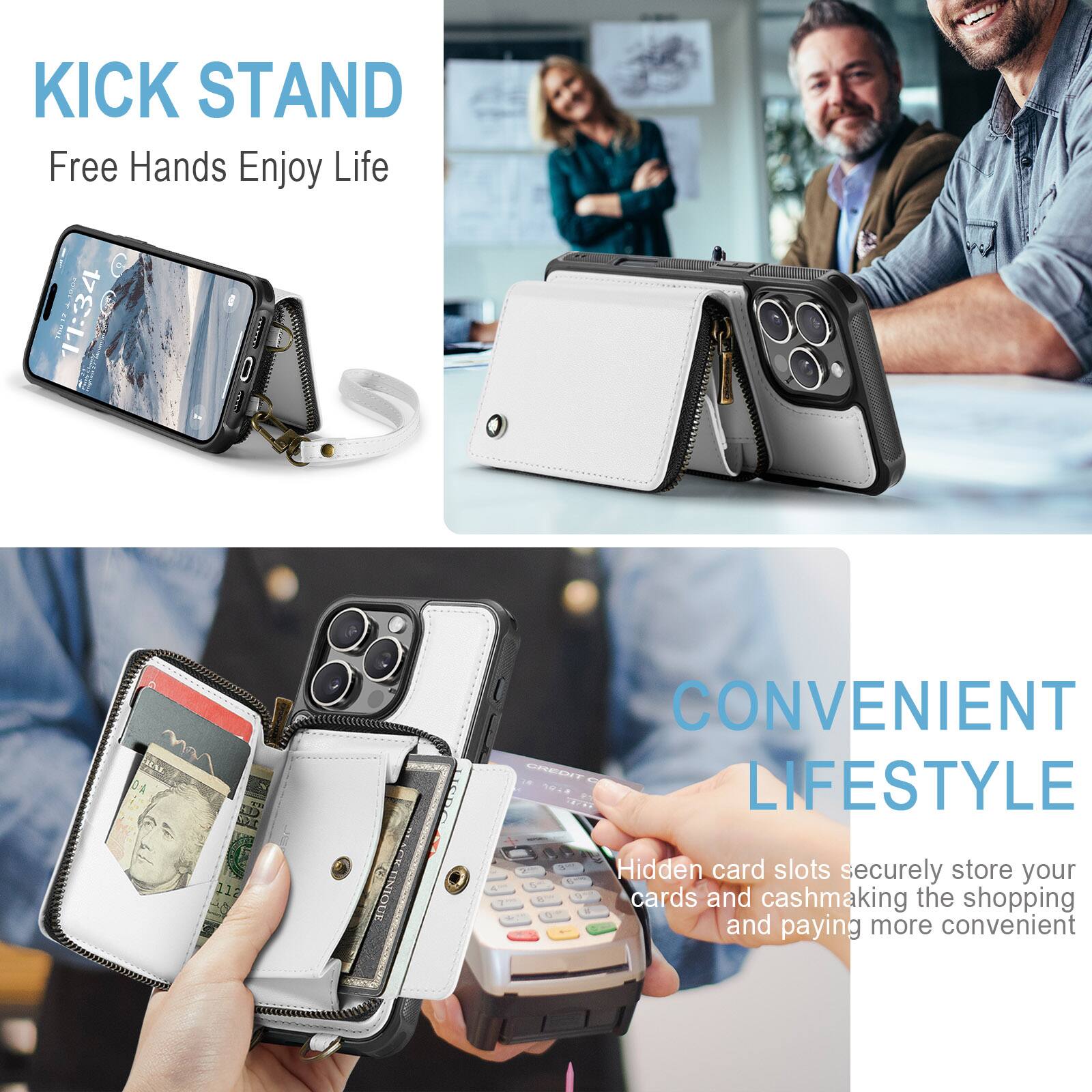 KICK STAND  
Free Hands Enjoy Life  

FAT 1:34 JI. 2000 a A DA EN TM H EN 112 CONVENIENT DRDENT .4 .0.  

LIFESTYLE  
Hidden card slots securely store your cards and cash, making the shopping and paying more convenient