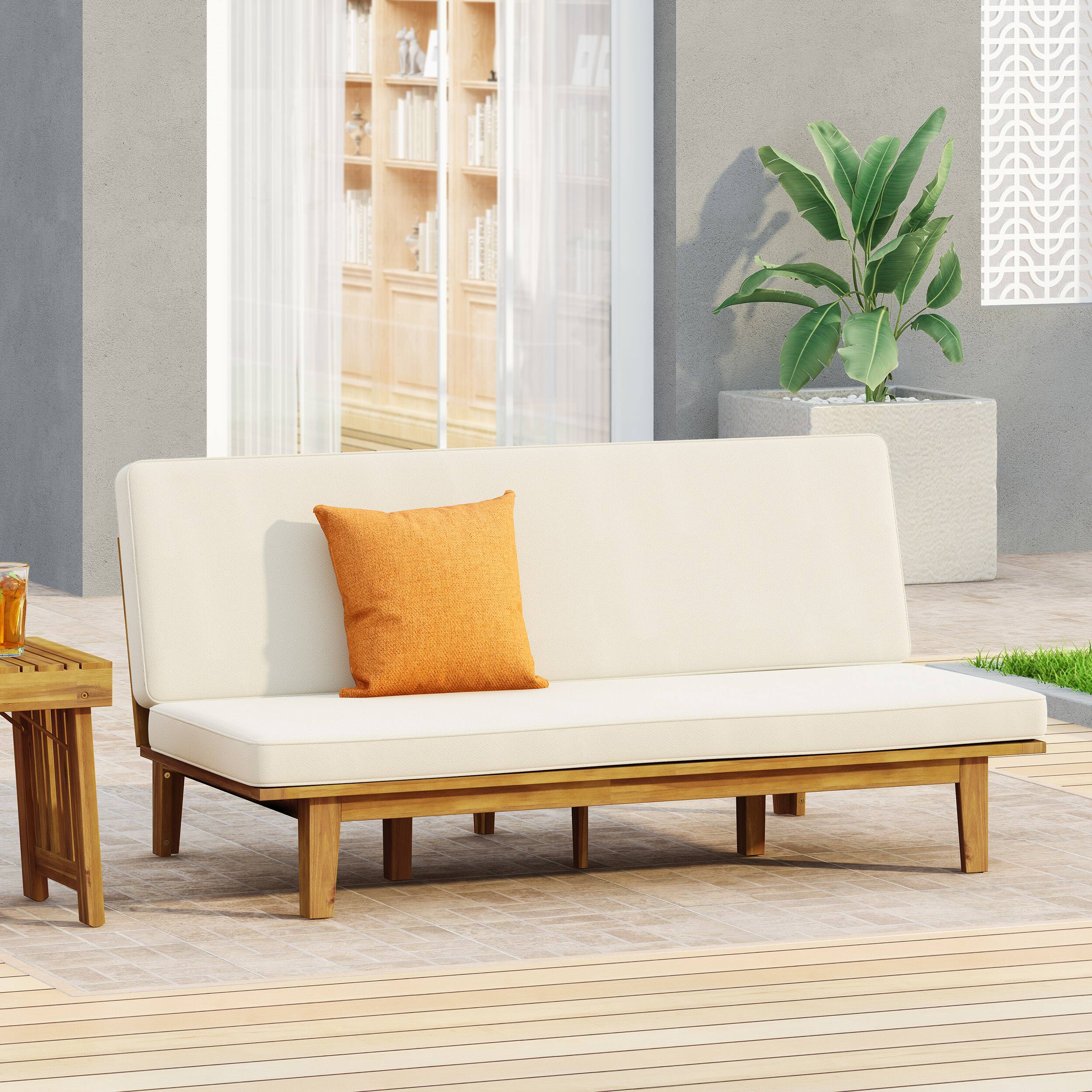 Angle. Mondawe - Acacia Wood Convertible Daybed with Water-Resistant Cushions - Beige.