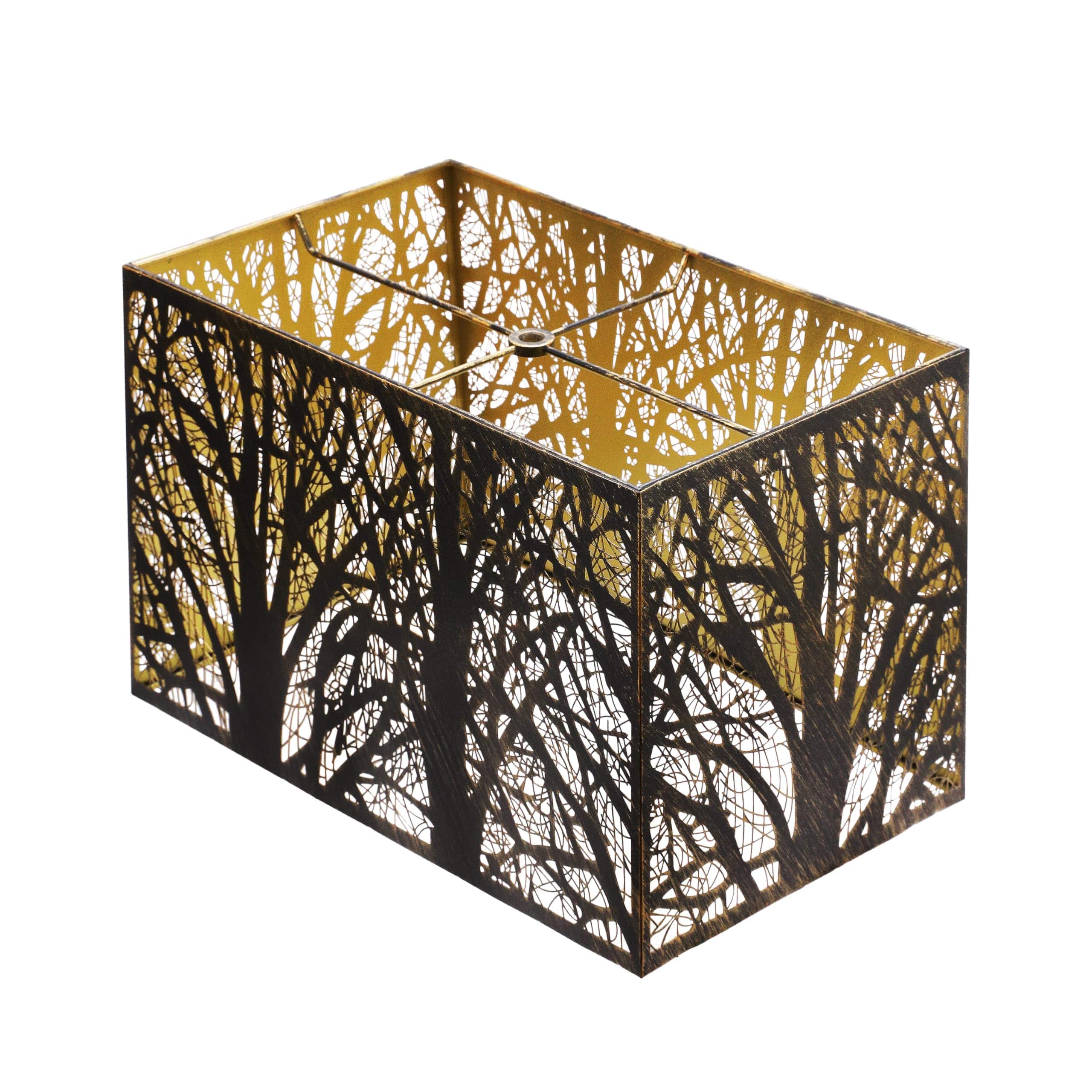 Alucset - Metal Rectangular Lamp Shade for Table Floor Lamps - Etched Forest Pattern - Antique Bronze Exterior and Gold Interior - Antique Bronze & Gold