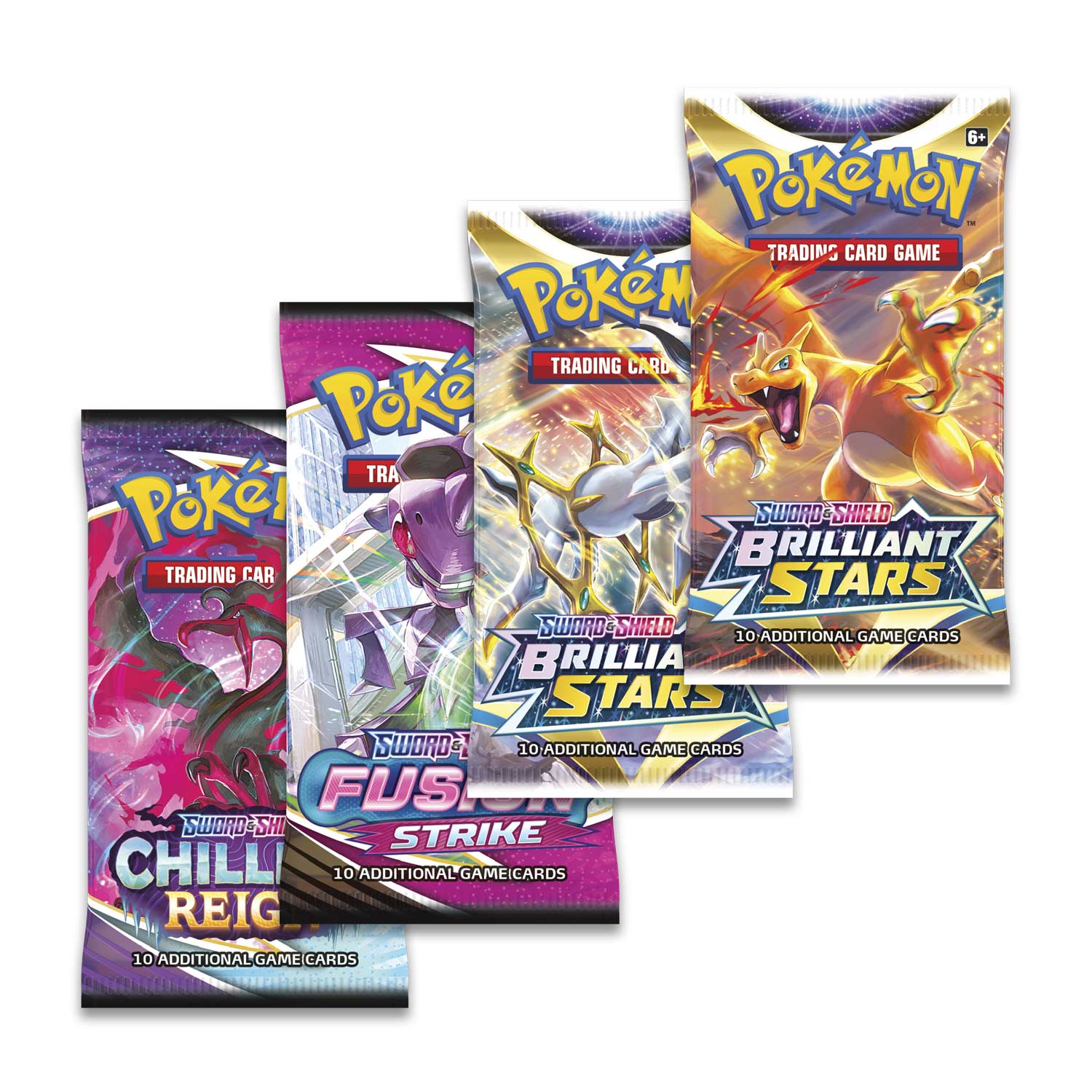 6+ Pokémon Trading Card Game  
Pokémon Trading Card  
Pokémon Trading Card  
Pokémon Trading Card Game  
Sword & Shield Brilliant Stars  
10 Additional Game Cards  
Sword & Shield Brilliant Stars  
10 Additional Game Cards  
Sword & Shield Fusions  
10 Additional Game Cards  
Sword & Shield Chill Reign  
10 Additional Game Cards