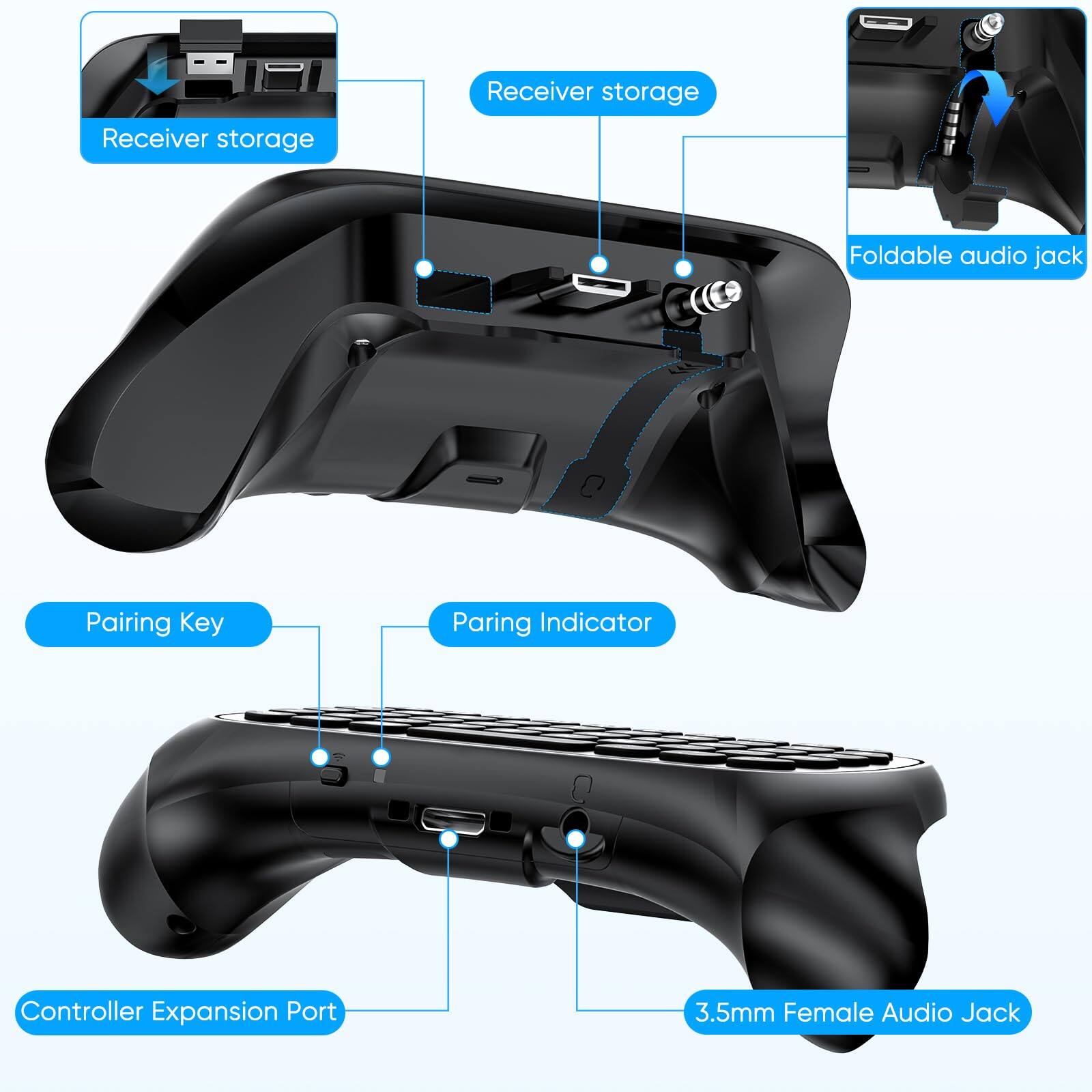- Receiver storage
- Foldable audio jack
- Pairing Key
- Pairing Indicator
- Controller Expansion Port
- 3.5mm Female Audio Jack