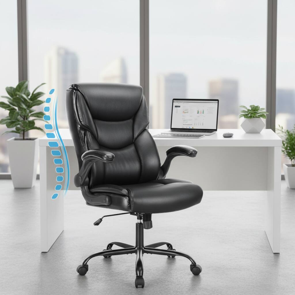 Angle. AOITUN - Comfort Executive Office Chair for Long Work Hours, Brown PU Leather Seat with Flip-Up Arms, Ideal for Home or Office - Black.