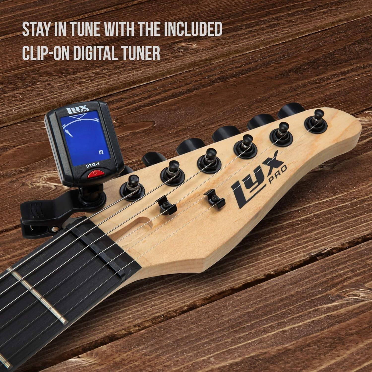 STAY IN TUNE WITH THE INCLUDED CLIP-ON DIGITAL TUNER LX PRO DTG-1