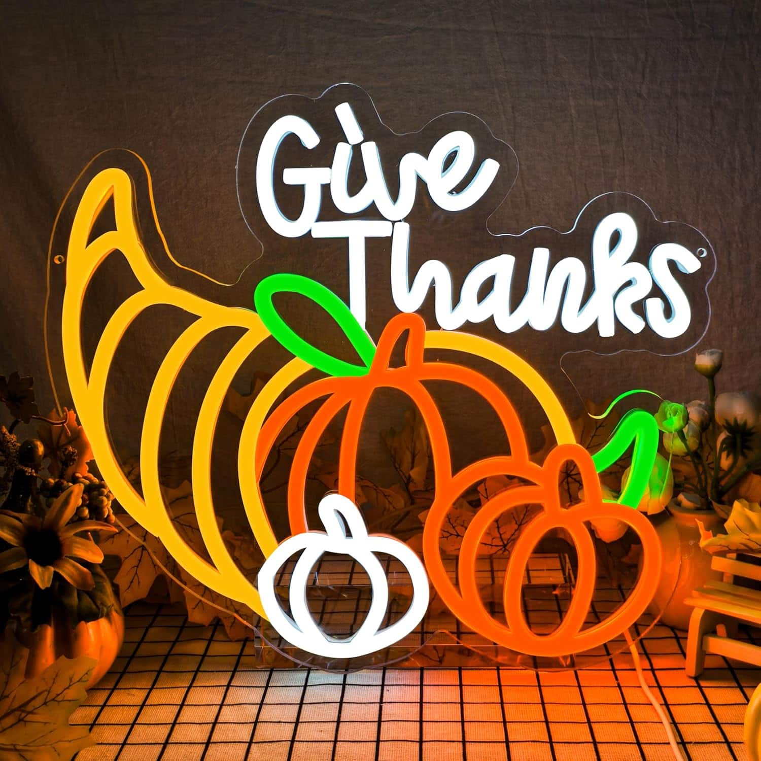 Auledio - Thanksgiving Neon Sign Pumpkin Neon Sign for Thanksgiving Decoration Give Thanks Sign Dimmable Thanksgiving Neon Light - Multicolor