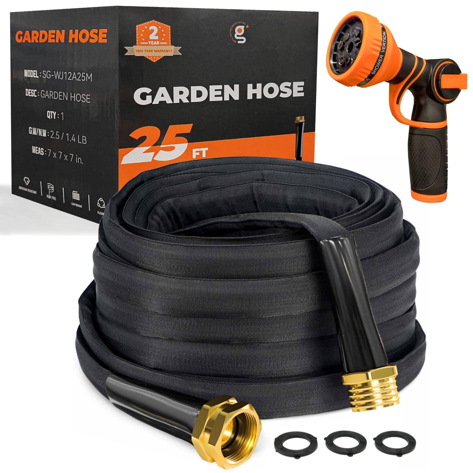 JETRANSPORT - Garden Hose 50ft Lightweight Lay Flat Water Kink Free Flexible With 9 Spray Function Nozzle(black) - 25FT