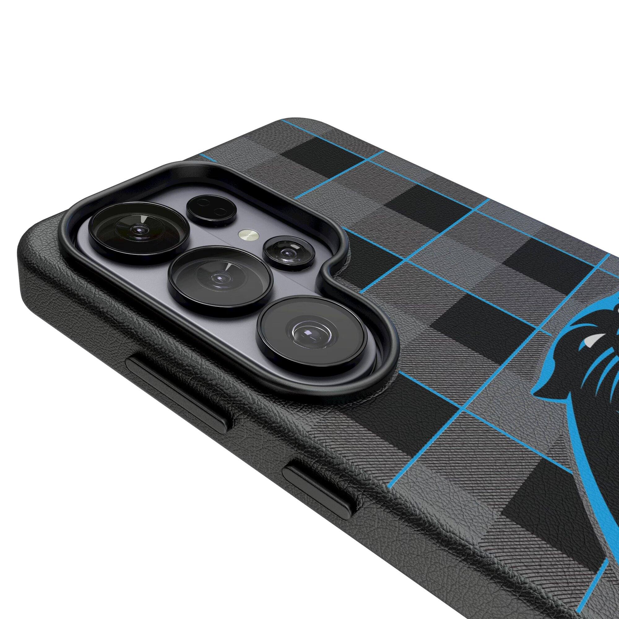 Alt View 2. Keyscaper - Carolina Panthers Plaid Galaxy Magnetic Bump Case - S26 Ultra - Black.