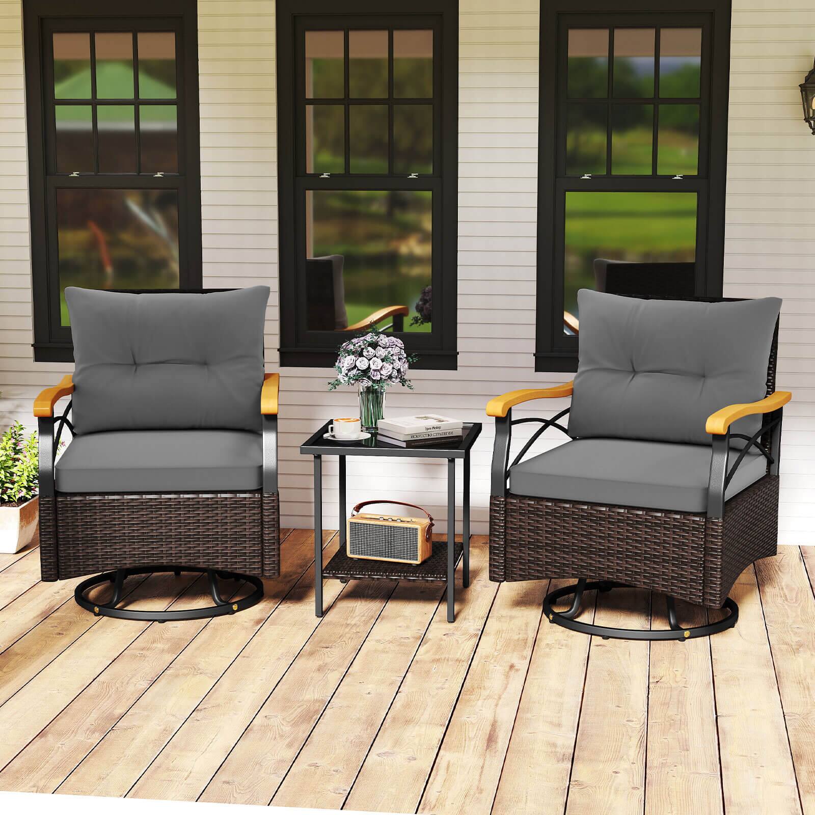 Alt View 3. Costway - Costway 3 PCS Outdoor Swivel Chair Set with 2-Tier Tempered Glass Side Table Cushions - Gray.