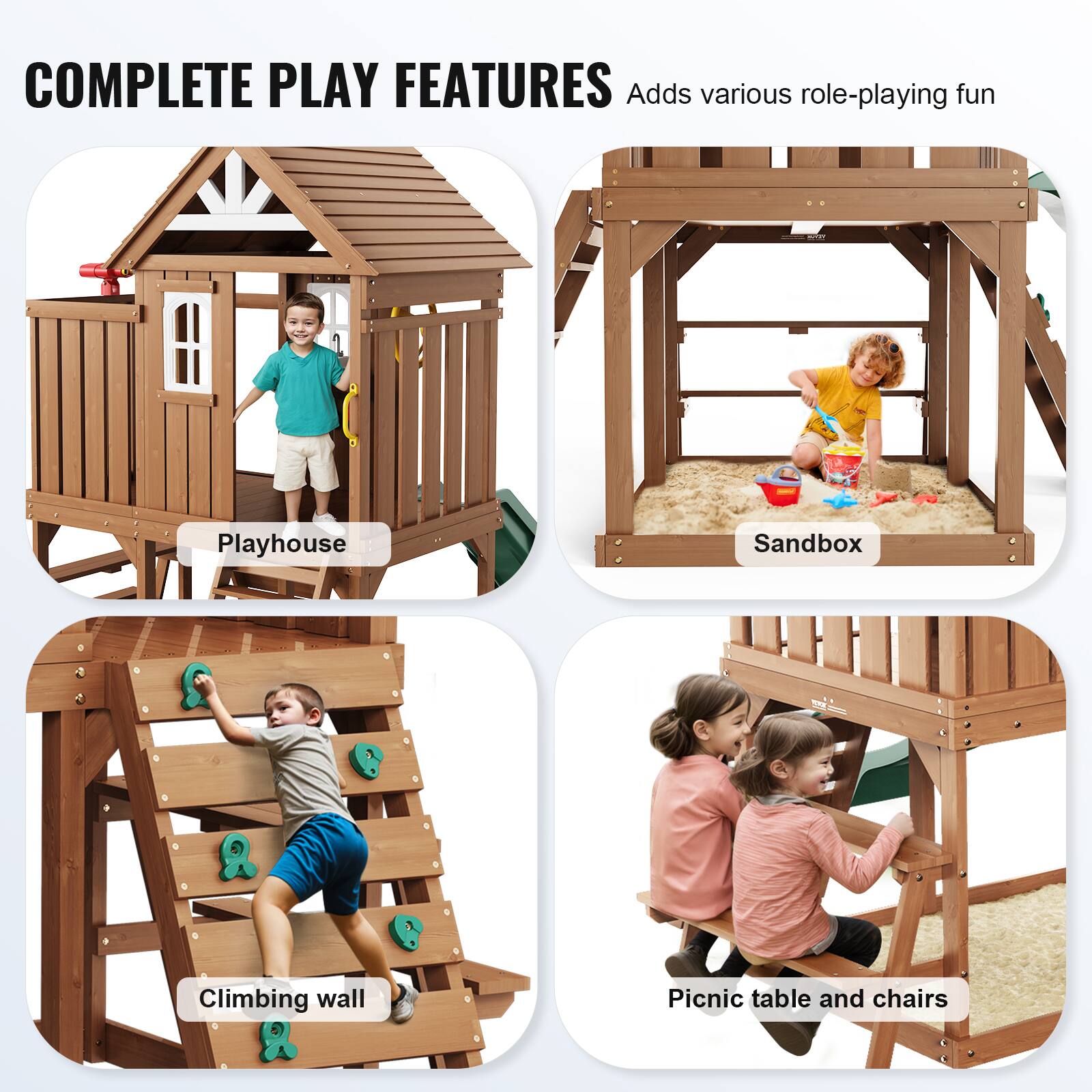 COMPLETE PLAY FEATURES  
Adds various role-playing fun  

- Playhouse  
- Sandbox  
- Climbing wall  
- Picnic table and chairs