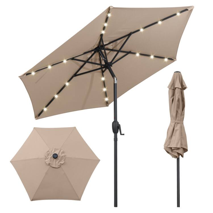 Front. SlickBlue - 7.5-ft Solar Patio Umbrella with Built-In LED Lights and Crank Mechanism - Tan.