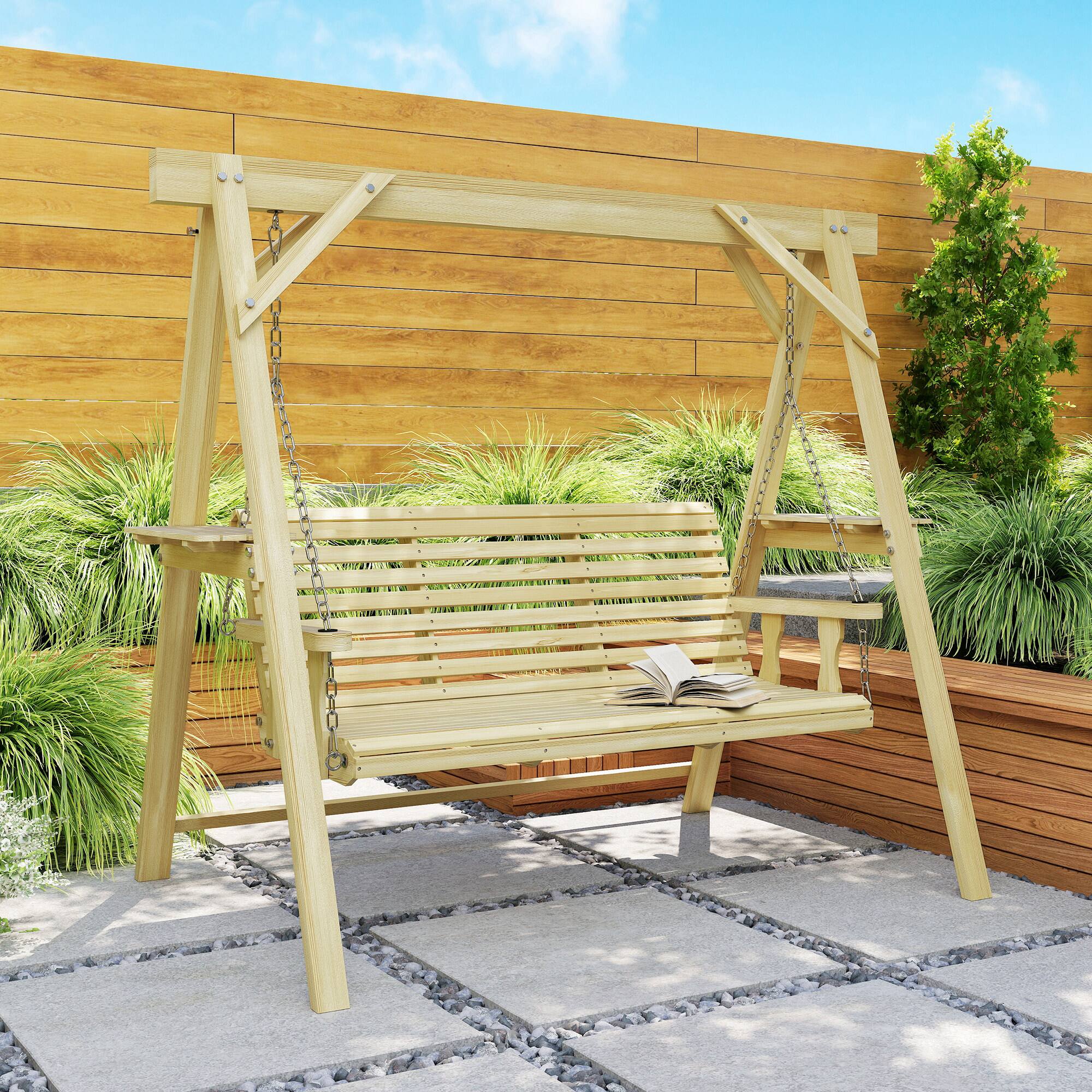 Alt View 7. Outsunny - Seat Wooden Porch Swing with Stand, Patio Swing with Side Tables, for Garden, Poolside, Backyard - Natural Wood.
