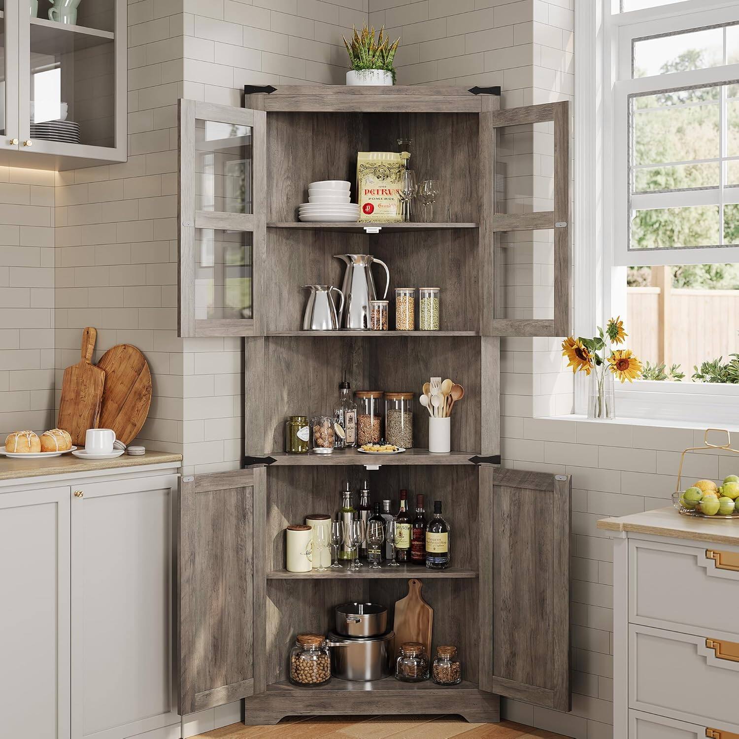 Alt View 3. Jojoka - 67 in Tall Corner Storage Cabinet with Lights, Farmhouse Corner Hutch Display Cabinet - Gray.