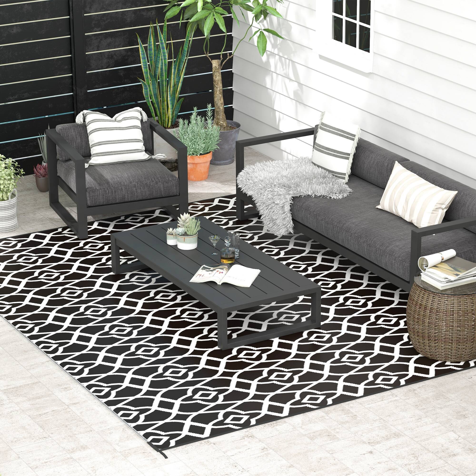 Alt View 1. Outsunny - Outdoor Rug for Patio, 9' x 12' Waterproof Large Mat, Reversible Plastic Straw Rug for Décor - Black and White Clover.