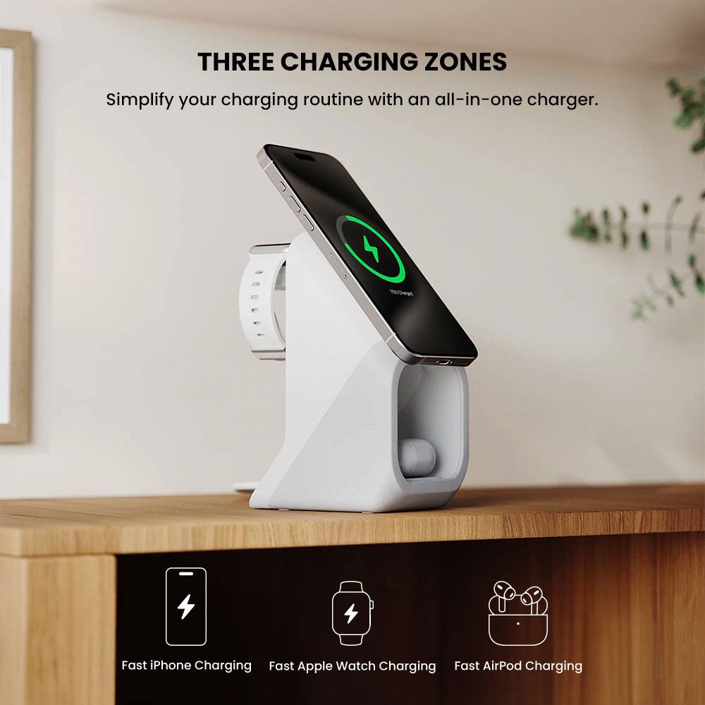 Three Charging Zones: Simplify your charging routine with an all-in-one charger. Fast iPhone Charging, Fast Apple Watch Charging, Fast AirPod Charging.