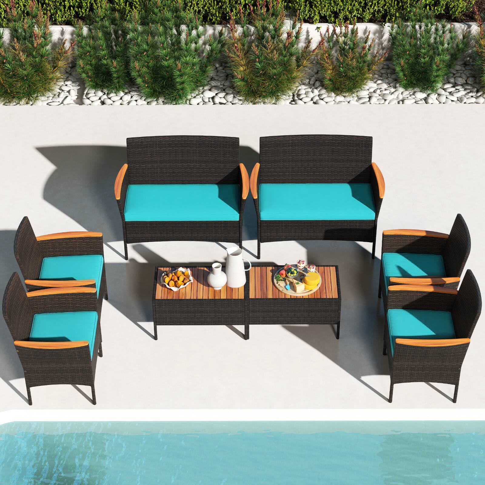 Gymax 8 PCS Patio Wicker Sofa Set w/ Coffee Table Acacia Wood Armrests ...