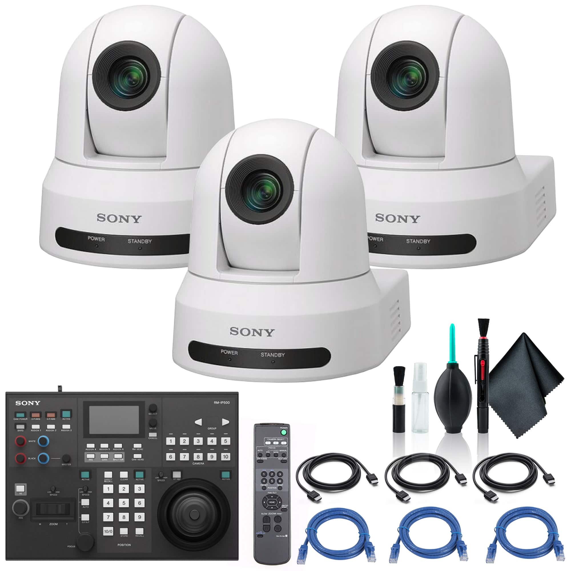 3x Sony SRG-X40UH PTZ Camera + RM-IP500/1 Remote Controller + Cables - White