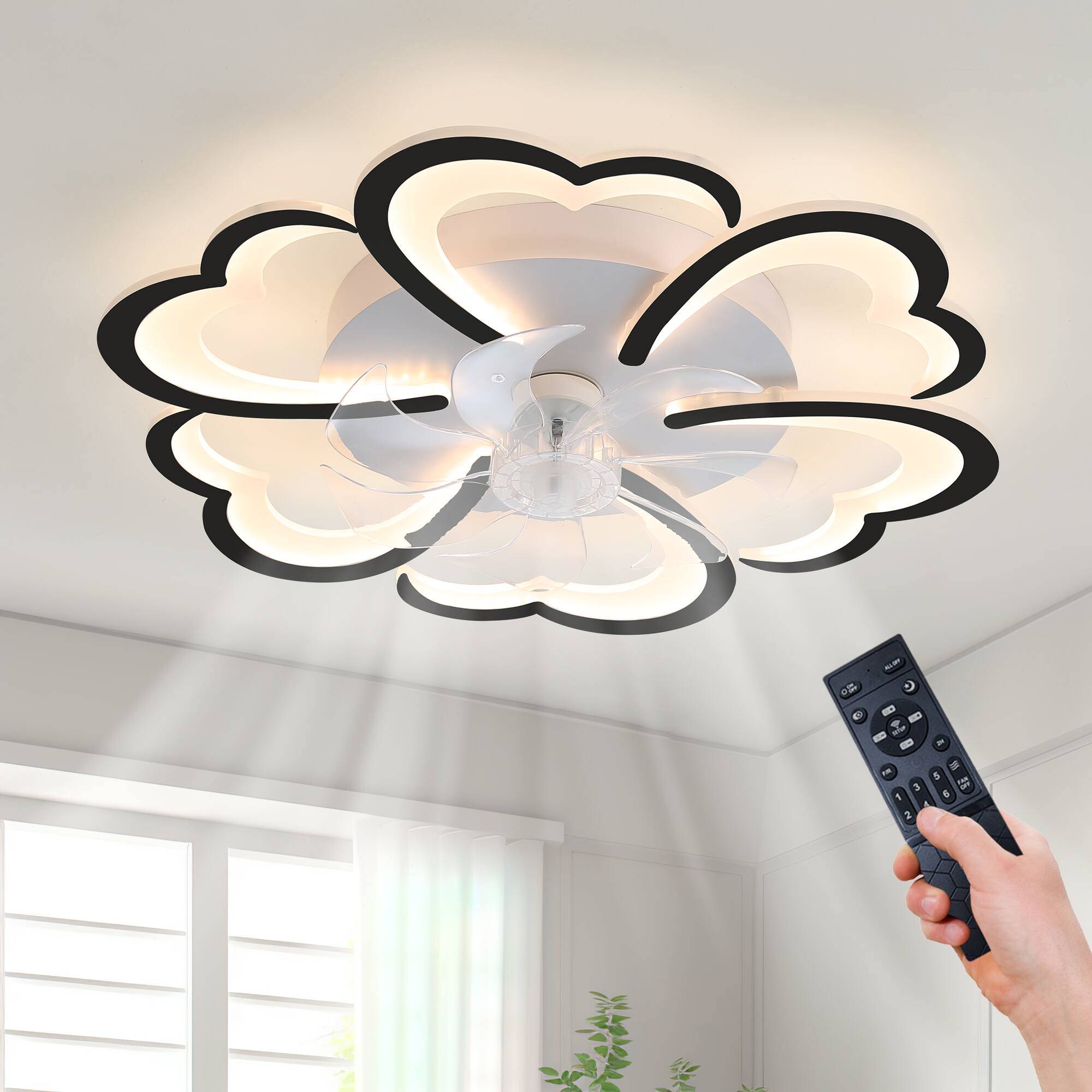 Back. TinyHomie - 267In Black Ceiling Fan with Lights Remote Control 3 Color Temperatures 6 Gear wind Speed Fan Light.