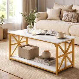 WELLFOR - 2-Tier Farmhouse Coffee Table with Open Storage Shelf, Center Tables for Living Room - White & Golden