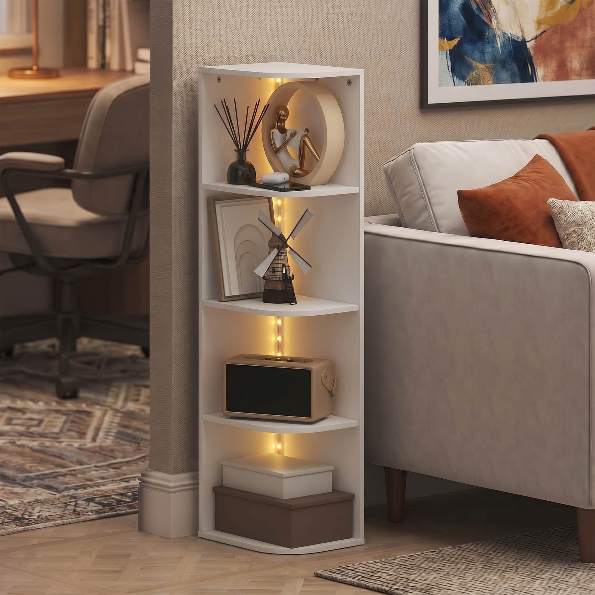 Furinno - PASIR Book Shelf with LED Lights, 4-Tier LED Bookshelf, 9.3 x 12 x 41.4, Open Corner Shelf Bookcase - White