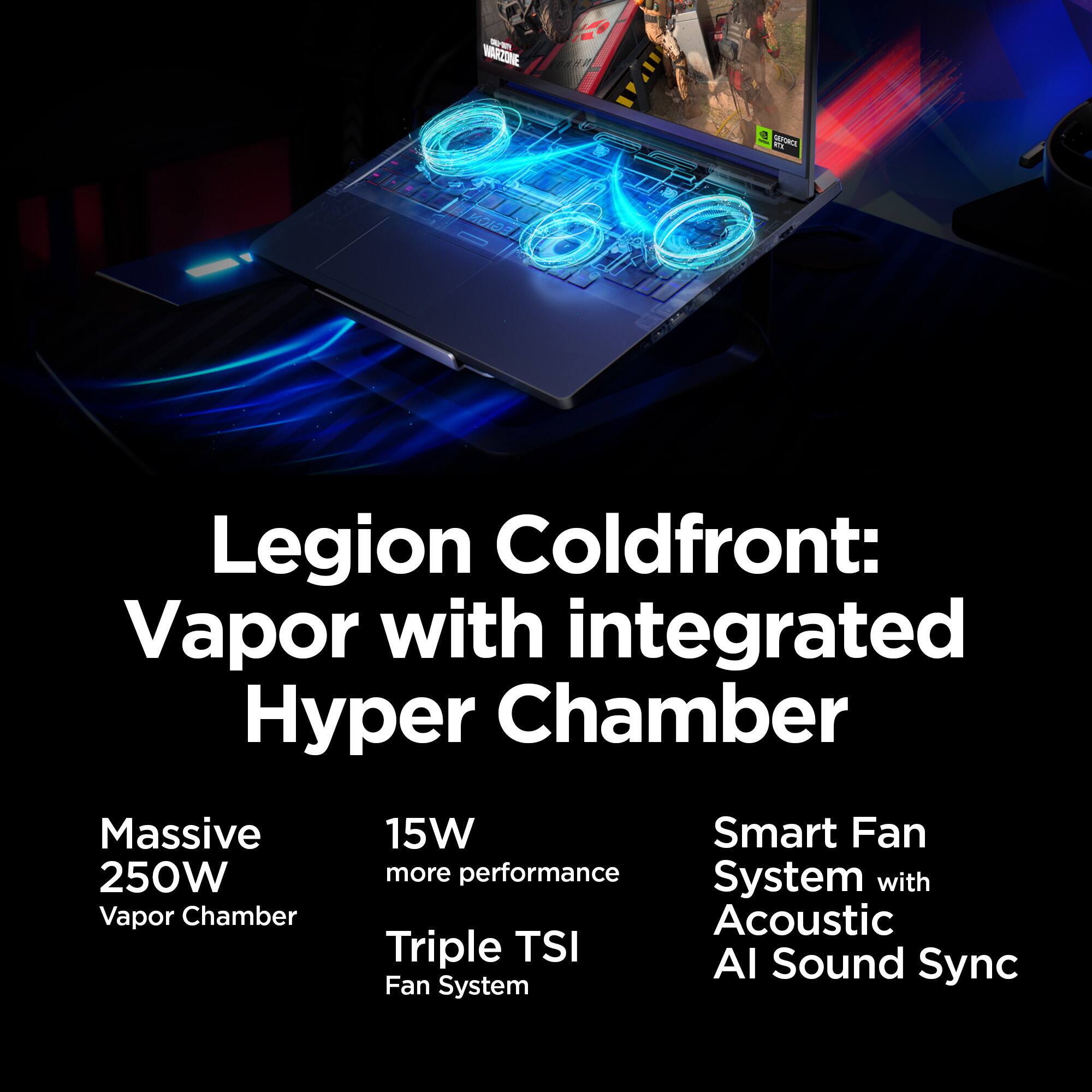 Legion Coldfront: Vapor with integrated Hyper Chamber - Massive 250W Vapor Chamber - 15W Smart Fan - More performance - System with Acoustic Triple TSI - AI Sound Sync Fan System
