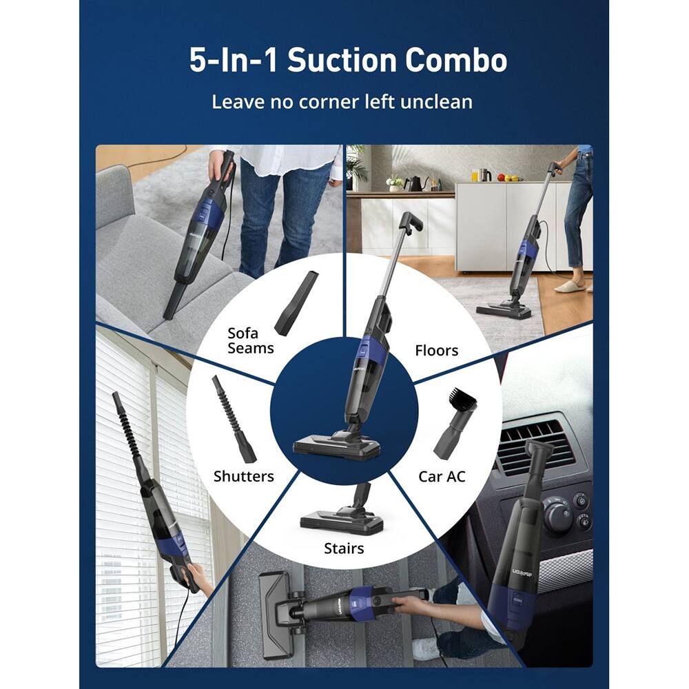 5-In-1 Suction Combo  
Leave no corner left unclean  

- Sofa  
- Seams  
- Shutters  
- Floors  
- Stairs  
- Car AC