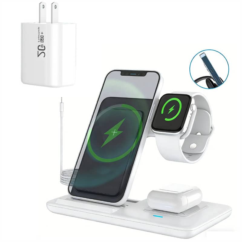 SKRAN - Foldable 3-in-1Wireless Charger with Charging Port - Use for Phones, Watches and Earphones for Apple - White