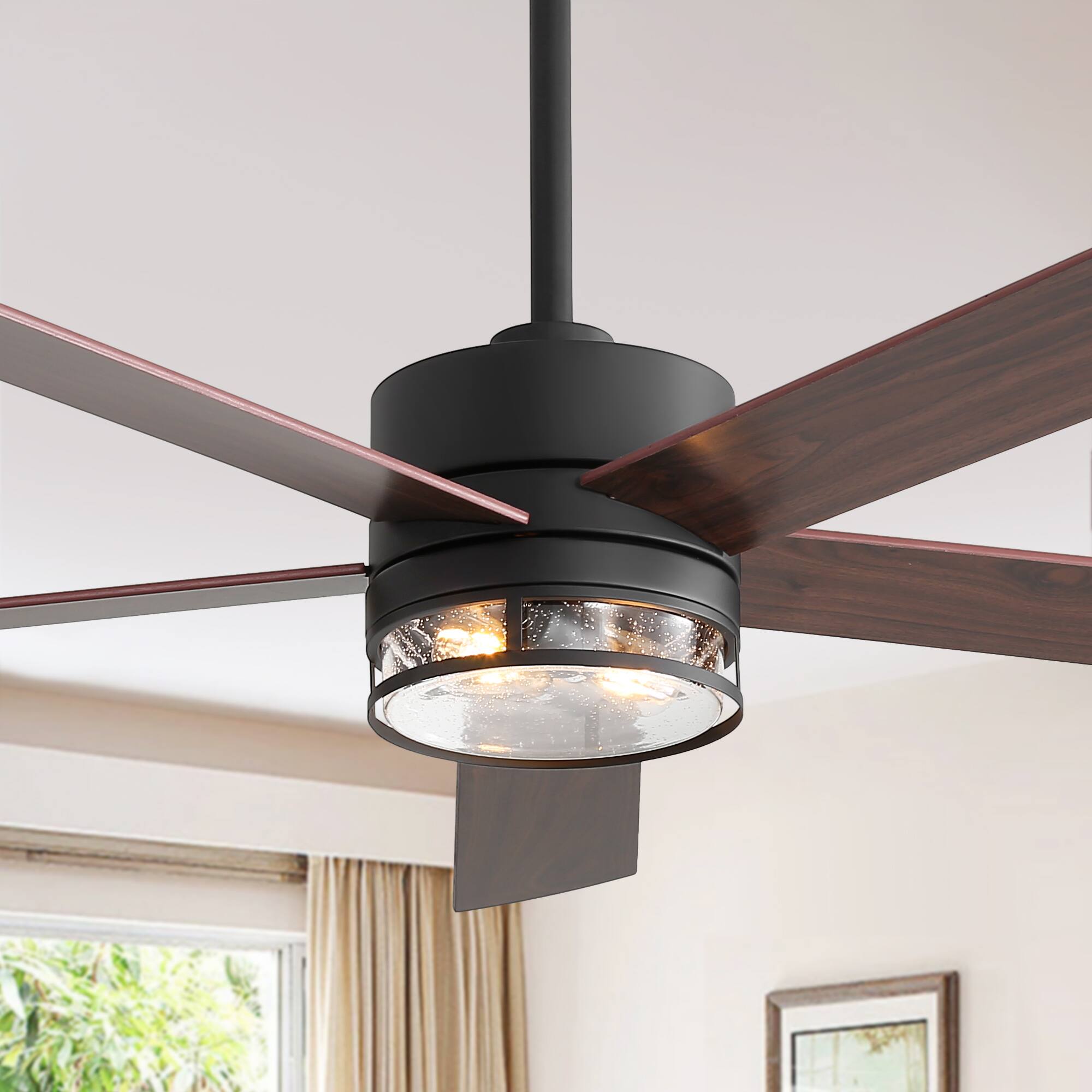 Alt View 8. Breezary - 65" Indoor Large Ceiling Fan with E26 Light Socket, Reversible Blade, Remote& 6-Speed DC Motor, 7/15'' Downrods - Black and Dual-Tone Wood Finish.