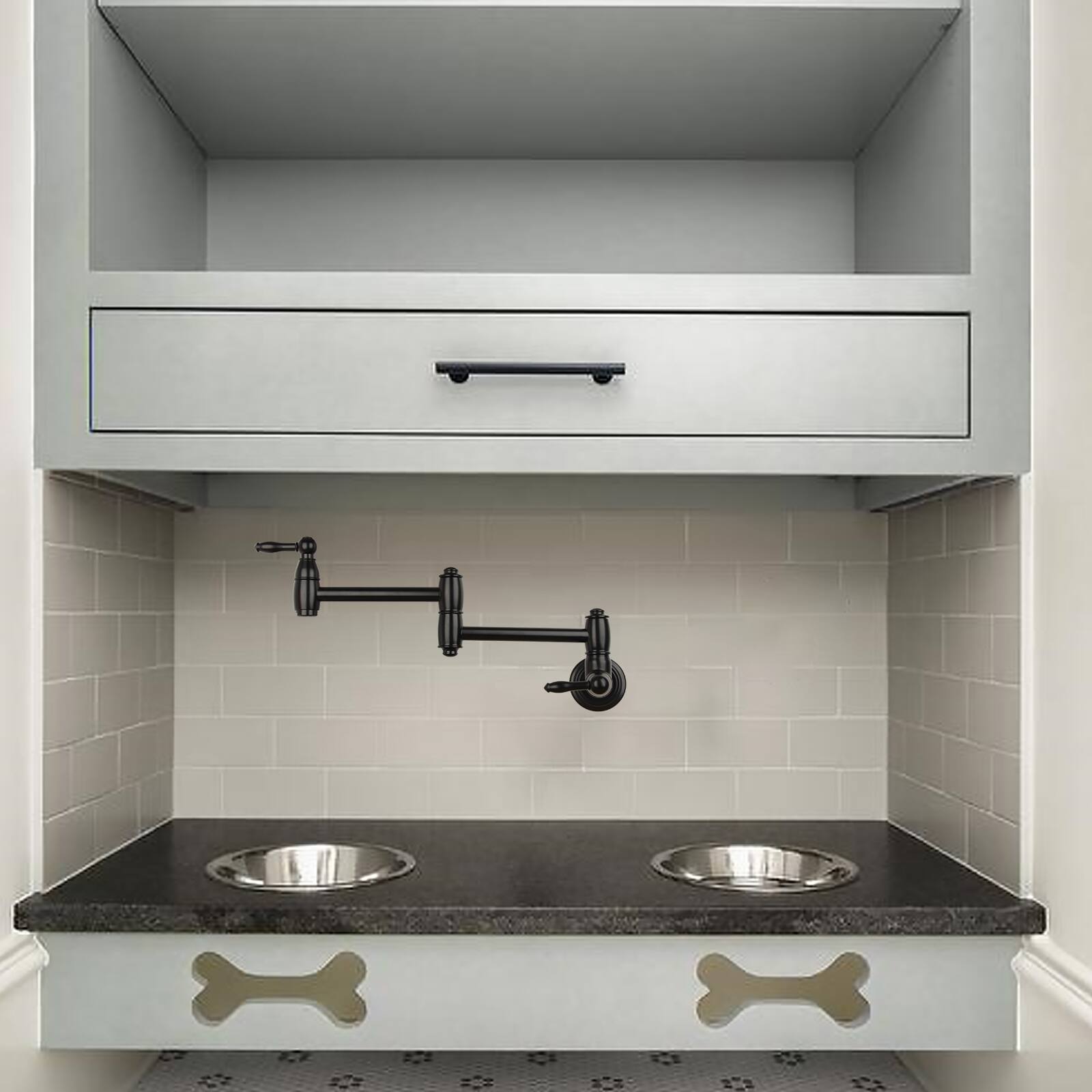 Alt View 5. Akicon - Akicon Solid Brass Wall-Mounted Pot Filler Kitchen Faucet with Dual Joint Swing Arms for Stovetop in Matte Black - Matte Black.