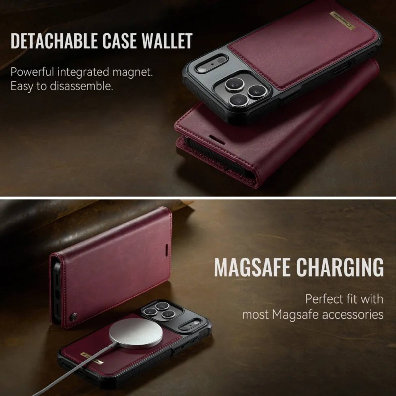 DETACHABLE CASE WALLET  
Powerful integrated magnet.  
Easy to disassemble.  

MAGSAFE CHARGING  
Perfect fit with most Magsafe accessories