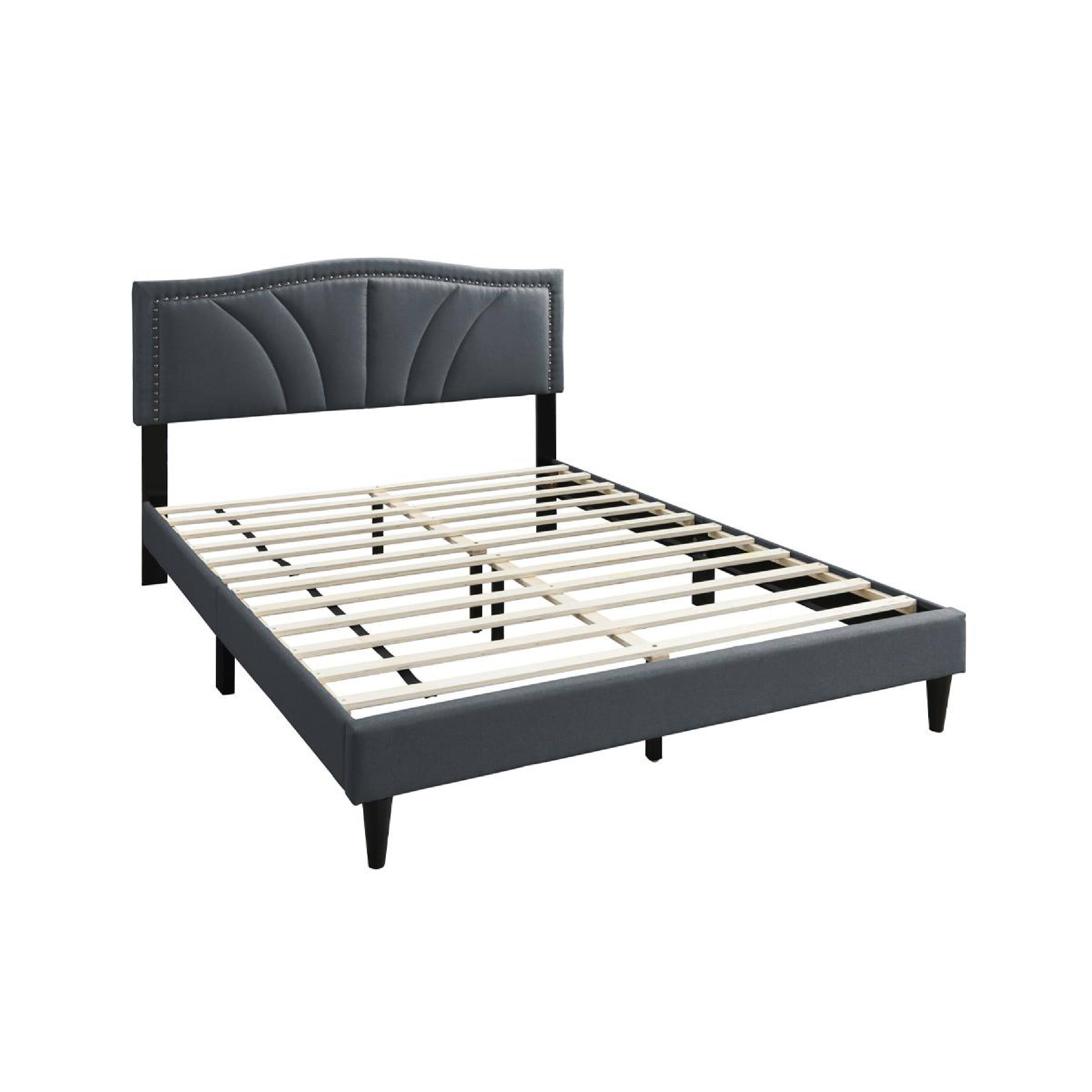 Alt View 3. Manhattan Lane - Reo Queen Size Bed, Charcoal Gray Burlap Upholstered Curved Headboard - Charcoal Gray, Black.