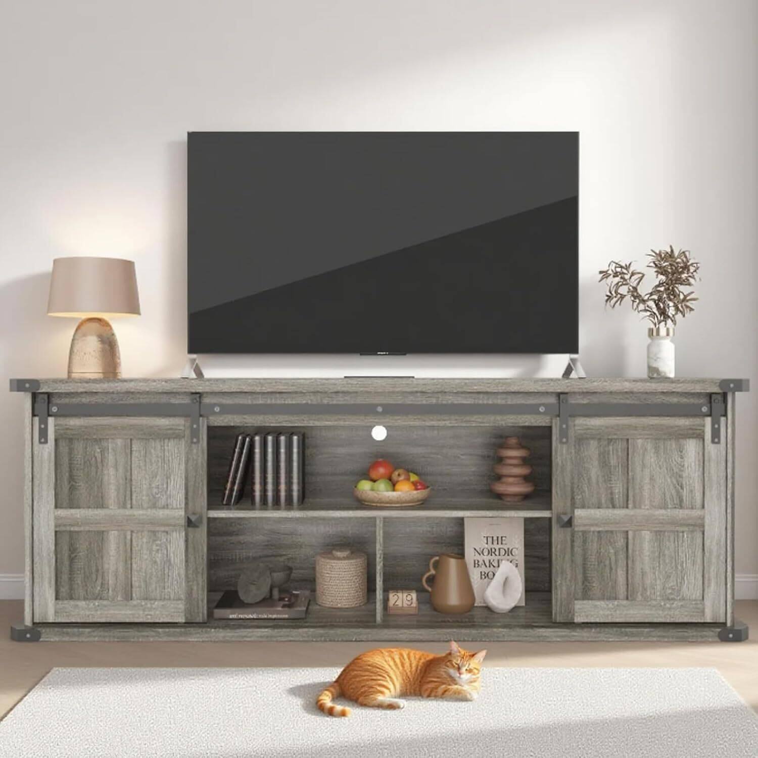 Acekool - Mid Century Entertainment Center TV Stand for 77 Inch TVs with Storage Cabinets for Living Room, Grey - Gray