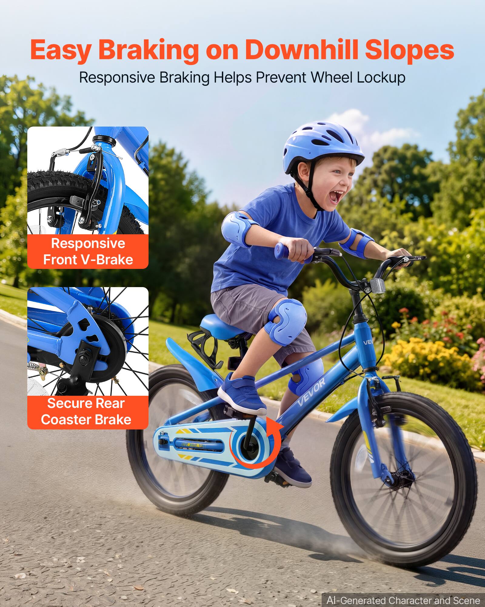 Easy Braking on Downhill Slopes  
Responsive Braking Helps Prevent Wheel Lockup  

Responsive Front V-Brake  

Secure Rear Coaster Brake  

AI-Generated Character and Scene