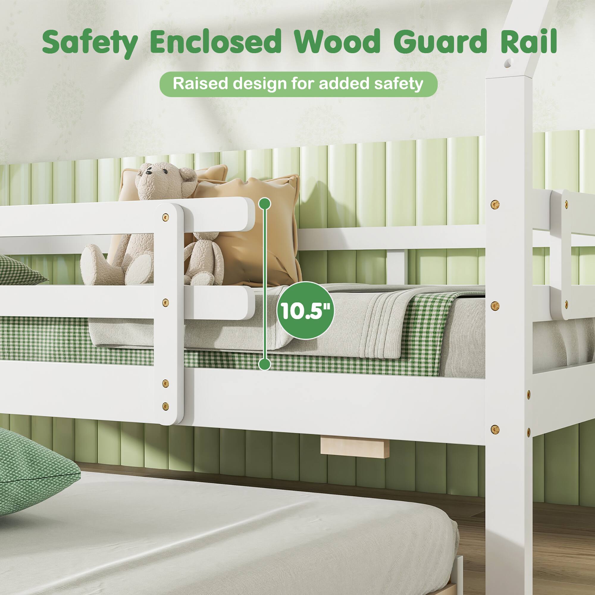 Safety Enclosed Wood Guard Rail  
Raised design for added safety  
10.5"