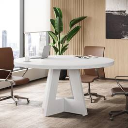 Tribesigns - Round Conference Table with Wood Construction and Adjustable Feet for Meetings, Writing and Everyday Work - White