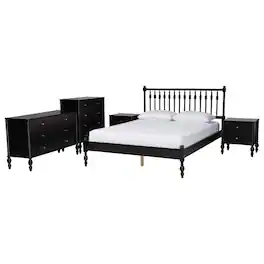 Baxton Studio - Callison Spindle 5-Piece Bedroom Set - Platform Bed with Matching Dresser, Chest, and 2-Drawer Nightstands, Queen - Black